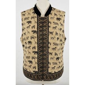 Stonebridge Women's Vest L Safari Animal Print Beaded Trim Full Zip Linen Blend